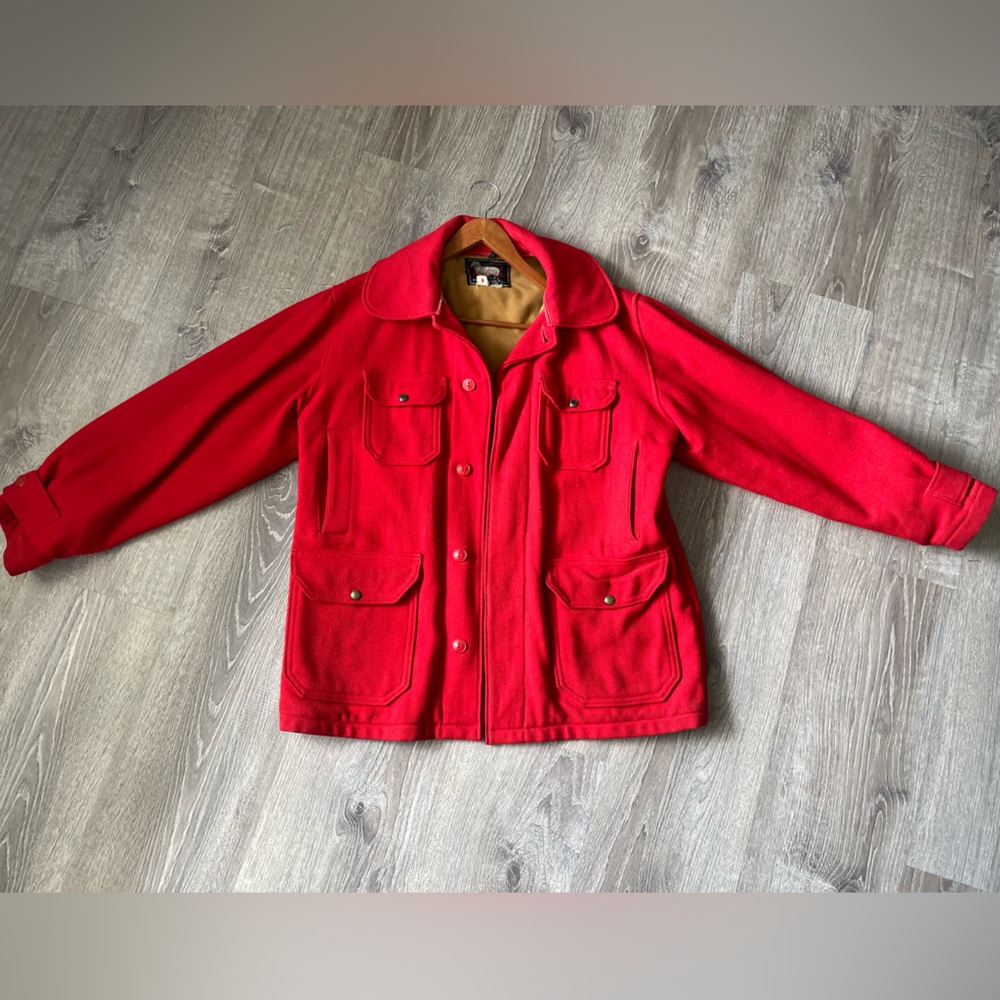 1930s WOOLRICH Large Solid Red Wool Mackinaw Hunting Winter Coat Made in the USA